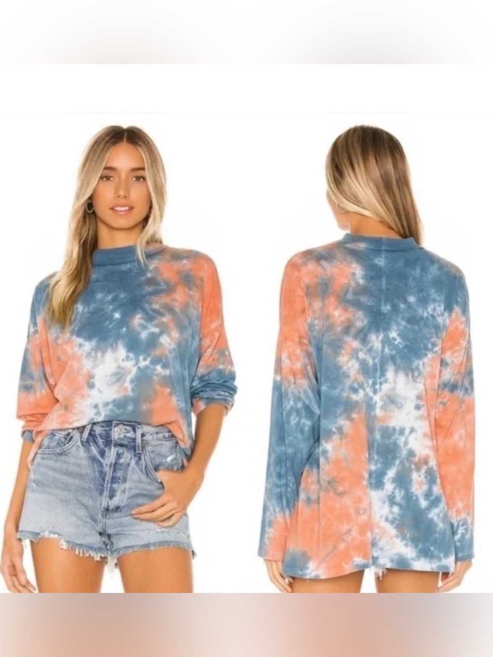 Free People Boho Blue and Coral Tie-Dye Mock Neck Long Sleeve Mini Dress